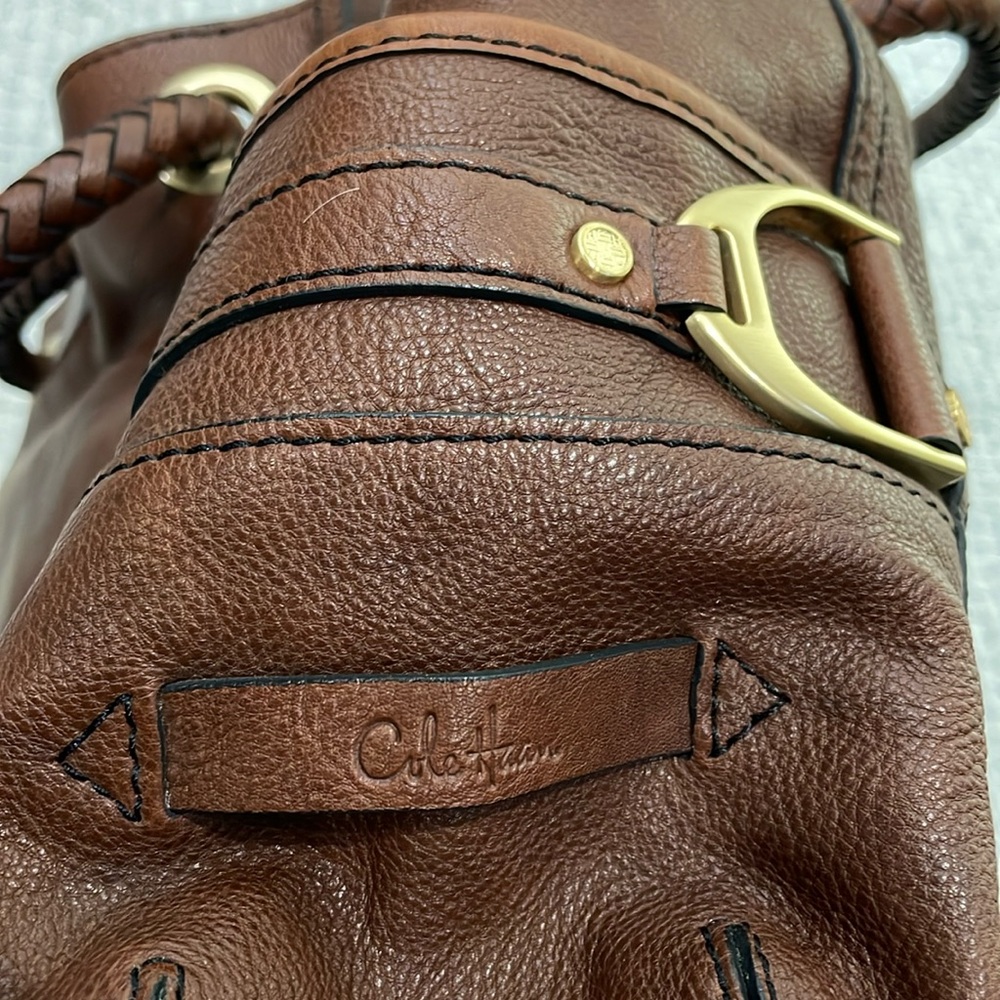 Cole Haan Brown Pebbled Leather Braided Handles Large Shoulder Bag - Picture 15 of 16